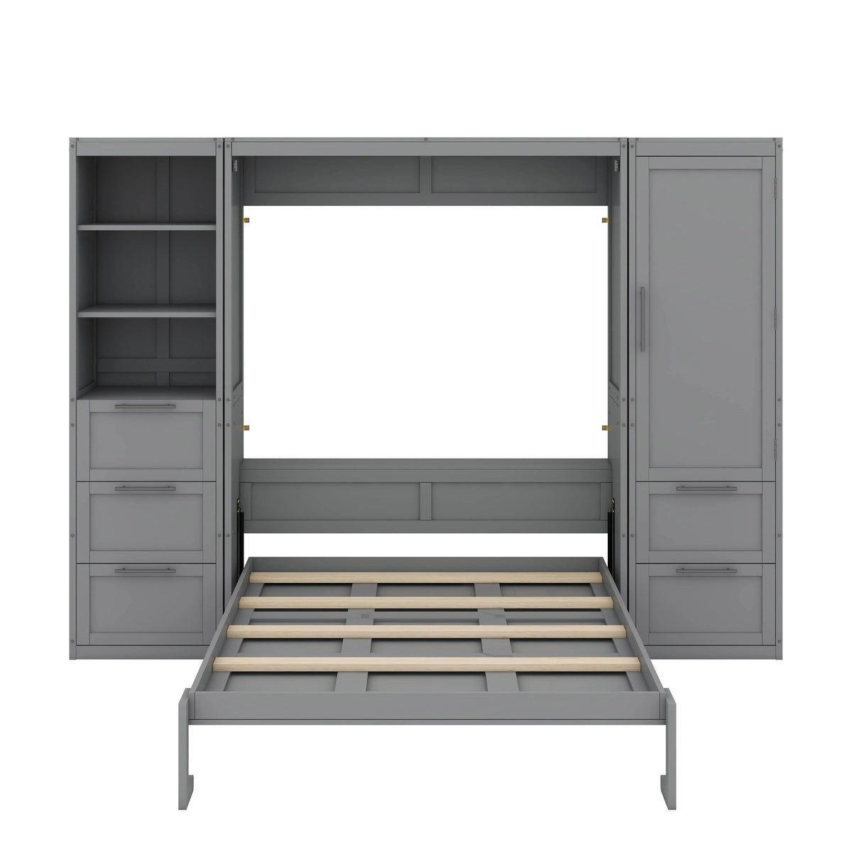 YunNianYang Queen Size Gray Murphy Bed Wall Bed with Closet ,Drawers and Shelves