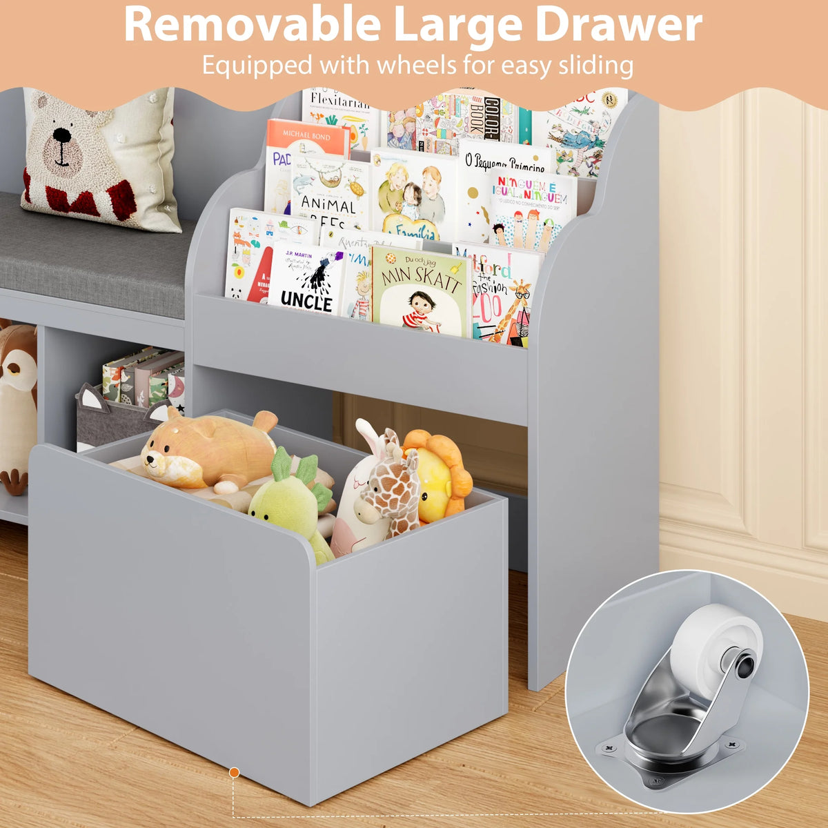 Homfa Kids Bookshelf with Reading Nook, 6 Shelf Bookcase with 1 Wood Toy Bin with 3 Tier Book Rack for Children Kidsroom