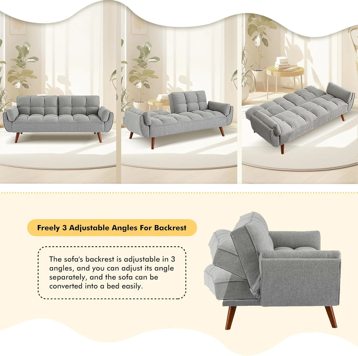 Mydepot Convertible Futon Sofa Bed, Adjustable Couch Sleeper Modern Fabric Recliner Reversible Loveseat Folding Daybed Guest Bed, Armrests, Yellow