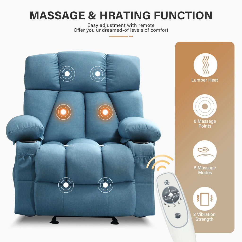 JONPONY Manual Recliner Chair with Heat Therapy and Massage Function, Heavy Duty Reclining Mechanism Massage Chair, Elderly Single Rocker Sofa with Cup Holders for Bedroom Home Theater,Grey