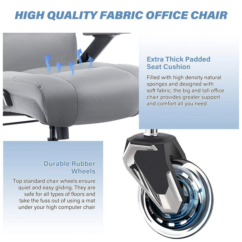 Big and Tall 700lbs Office Chair, Ultra-Soft Fabric Executive Desk Chair, Ergonomic Computer Chair with 3D Flip Up Arms, Adjustable Lumbar Support, Heavy Duty Metal Base and Quiet Rubber Wheel, Black