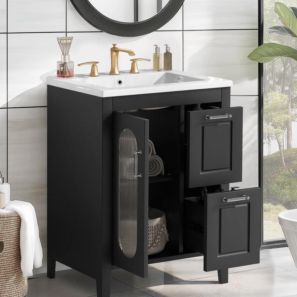 Soges 24" Bathroom Vanity with Ceramic Sink, Solid Wood Bathroom Makeup Cabinet with Door, Adjustable Shelf and 2 Drawer, Free Standing Single Basin Vanity Set for Small Bathroom, White