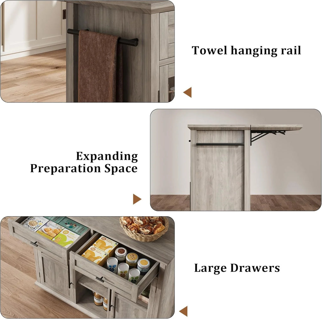 WALYWIK Foldable Kitchen Island Cart with Wheels, 2 Glass Doors, Spice Rack & Towel Holder Compact Mobile Storage Cart for Small Kitchens, Dining Rooms, Camping & RVs - Grey