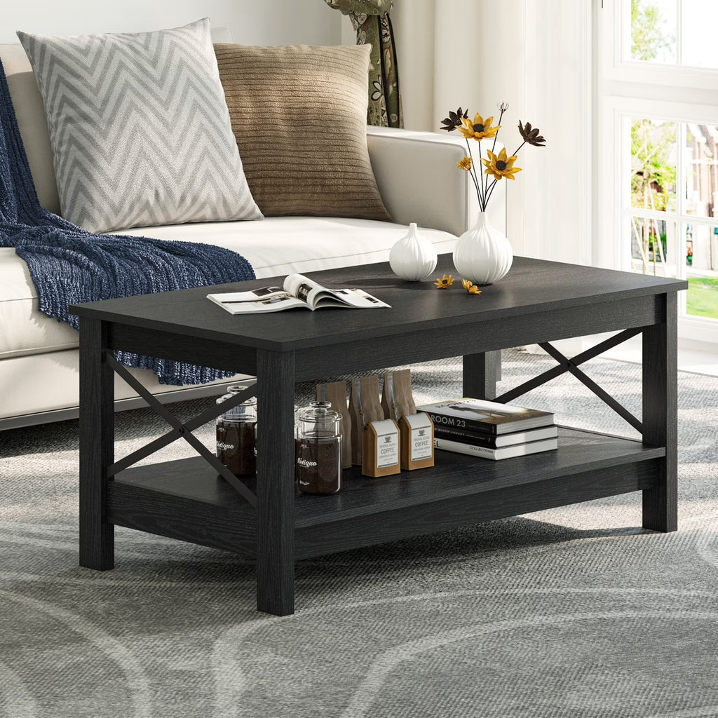 Moasis Farmhouse Coffee Table with Storage 2-Tier Center Table for Living Room Grey Wash Top+White