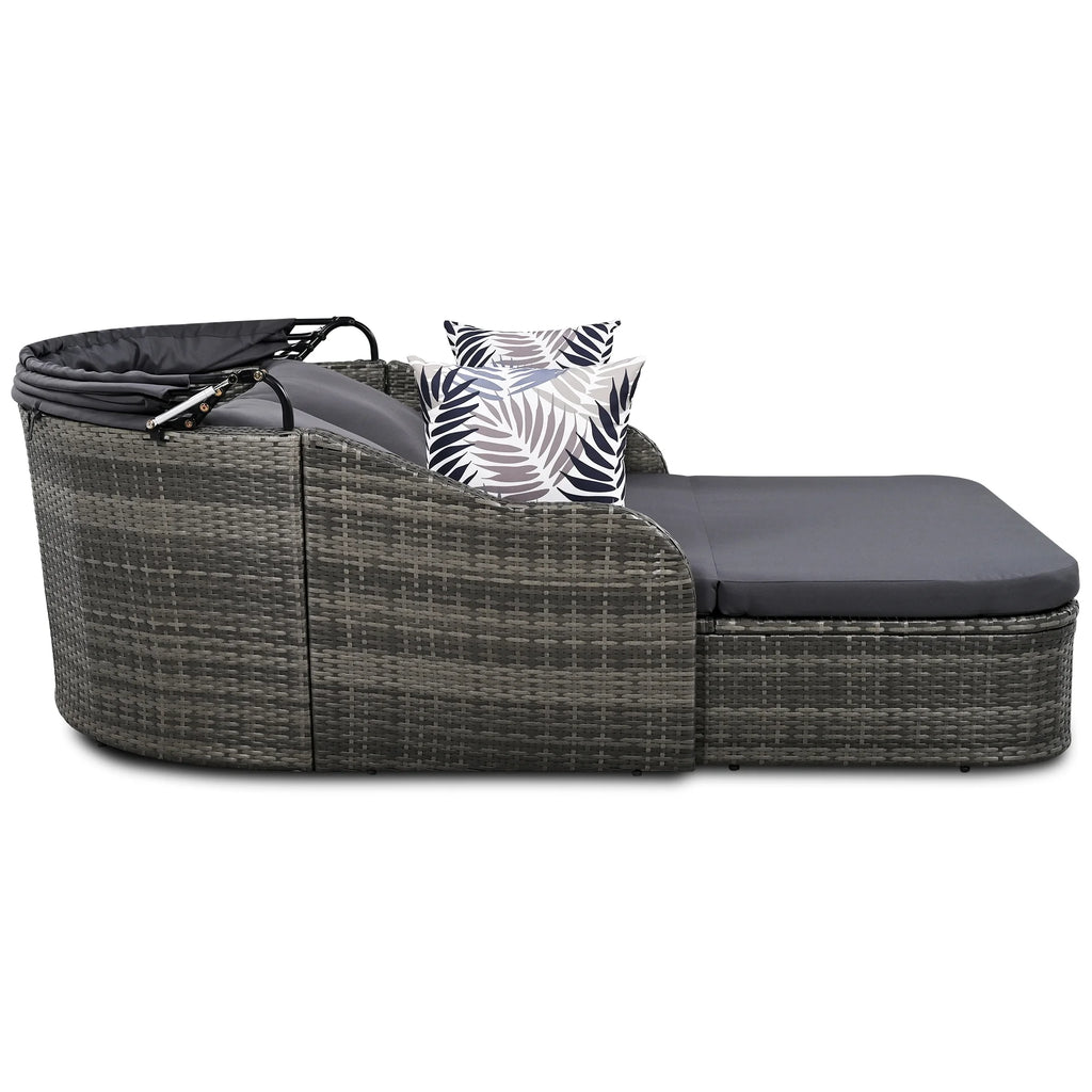 Outdoor Sun Lounger With Adjustable Canopy And Relaxing Pillow - Pe Black Blue Cushion 79.9" Daybed Cozy
