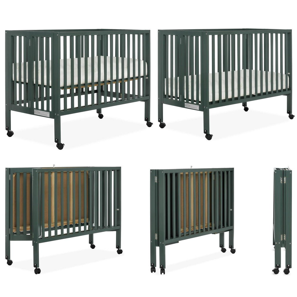 Dream On Me Quinn Full-Size Folding Crib. Removable Wheels. Modern Nursey. Adjustable Mattress Support. Patent Folding System in Olive