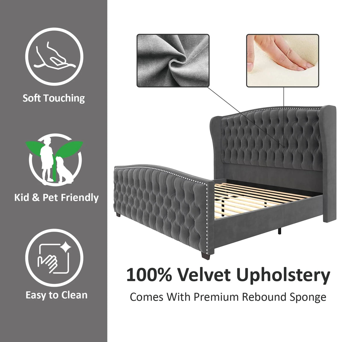 VANACC Queen Size Bed Frame, Velvet Upholstered Bed with Deep Button Tufted Wingback Headboard Grey
