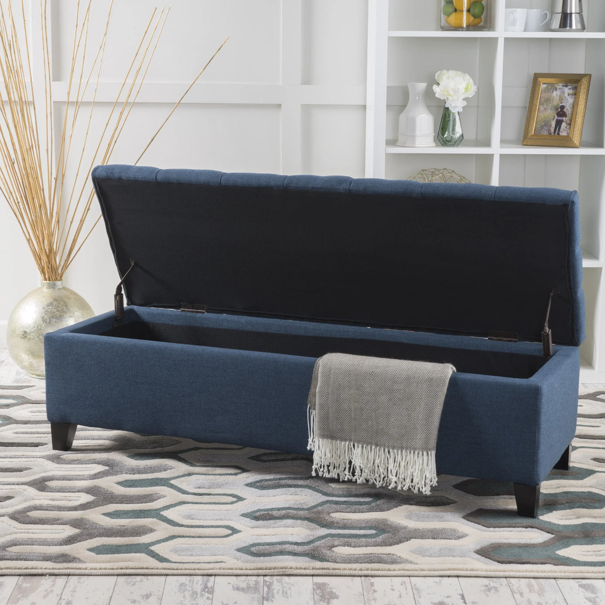 Noble House Hampton Contemporary Fabric Upholstered Storage Ottoman, White and Blue Floral