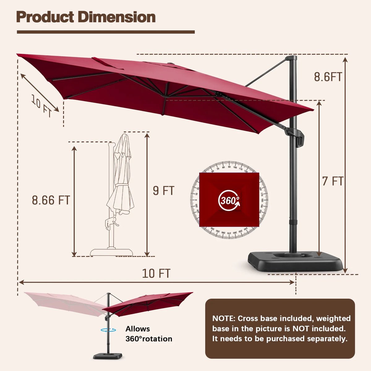 HOTEEL 10 Ft Patio Umbrella Outdoor Cantilever Square Umbrella Aluminum Offset Umbrella with Base, 360° Rotation，Gray