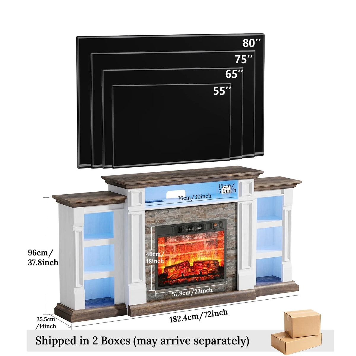 Holliwill 72" TV Stand for TVs up to 80" with Charging Station & LED Light, Electric Fireplace with Mantel, Entertainment Center with 23" Electric Heater, White Brown