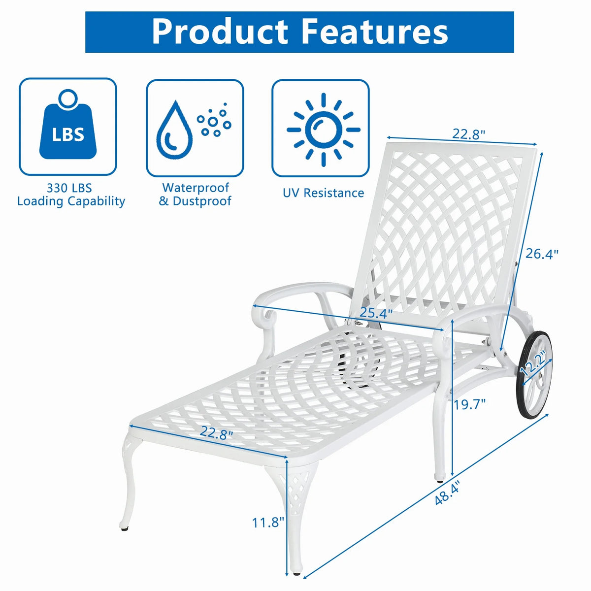 Zimtown Cast Aluminum Lounge Chair Adjustable Patio Recliner, Patio Chaise Chair, Heavy Duty Lying Bed for Garden, Poolside, Yard, Lawn, Black