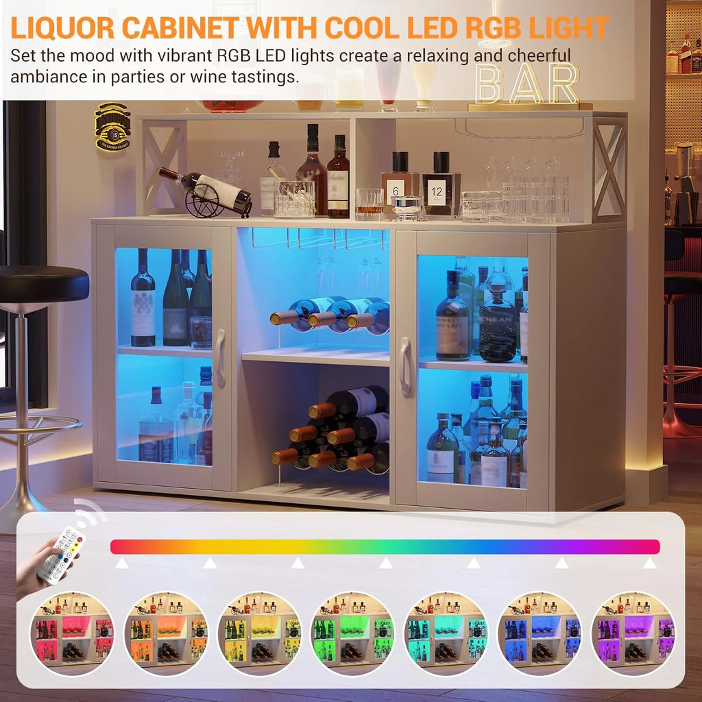Home Wine Bar Cabinet with LED Light, Industry Coffee Bar Cabinet with Wine Rack, Glass Holder, and Power Outlets, Kitchen Sideboard Buffet Cabinet for Living Room Dining Room