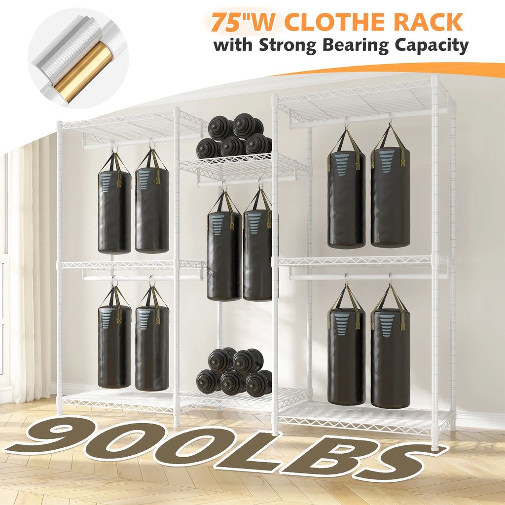Heavy Duty Clothes Rack with Cover Loads 900LBS, Clothing Racks for Hanging Clothes, Freestanding& Adjustable Closet with Cover, Black, 74.9" Wx17.8 Dx76.9 H