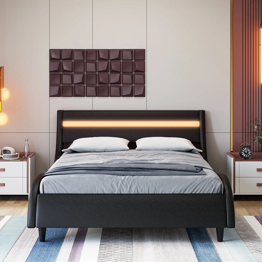 Homfa Full LED Bed, 16 Colors LED Lights Platform Bed Frame with Adjustable Upholstered Headboard, Black