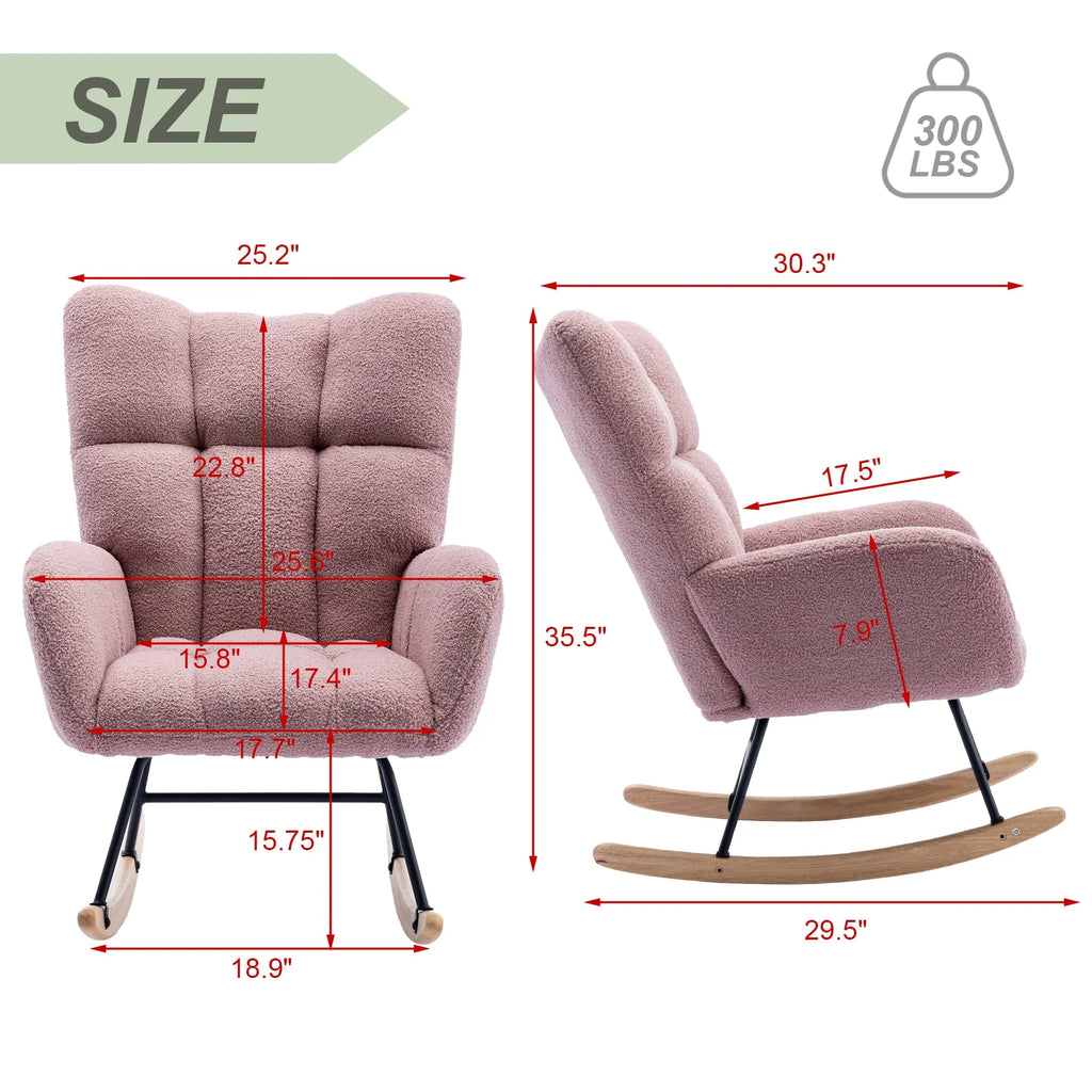 HONSIT Pink Nursery Rocking Chair, Teddy Fabric Upholstered Glider Rocker with High Backrest, Modern Rocking Accent Chairs Comfy Side Chair for Nursery, Bedroom, Living Room