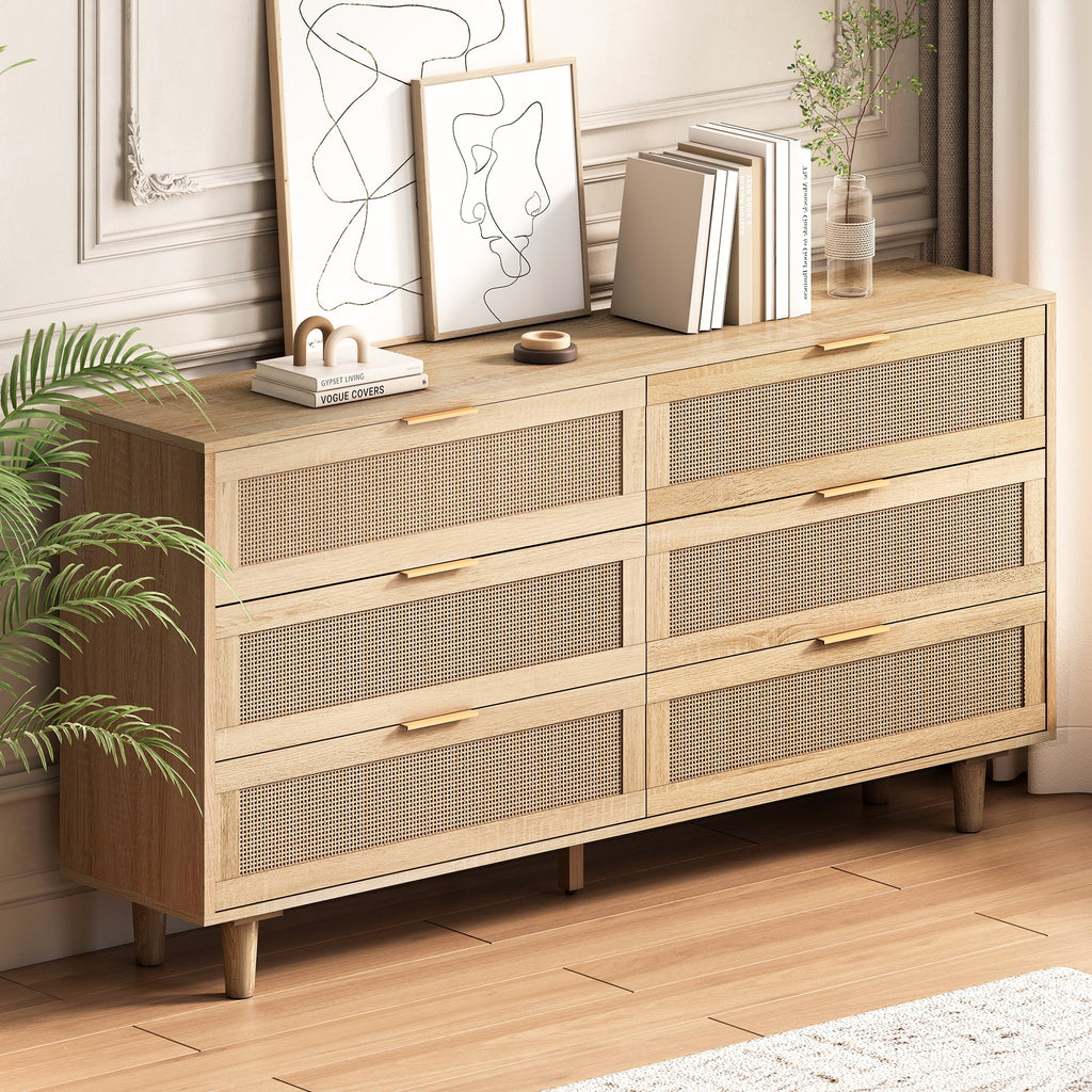 Wide 6 Drawer Rattan Dresser, Boho Dresser for Bedroom, Wooden Dresser Chest of Drawers, Natural