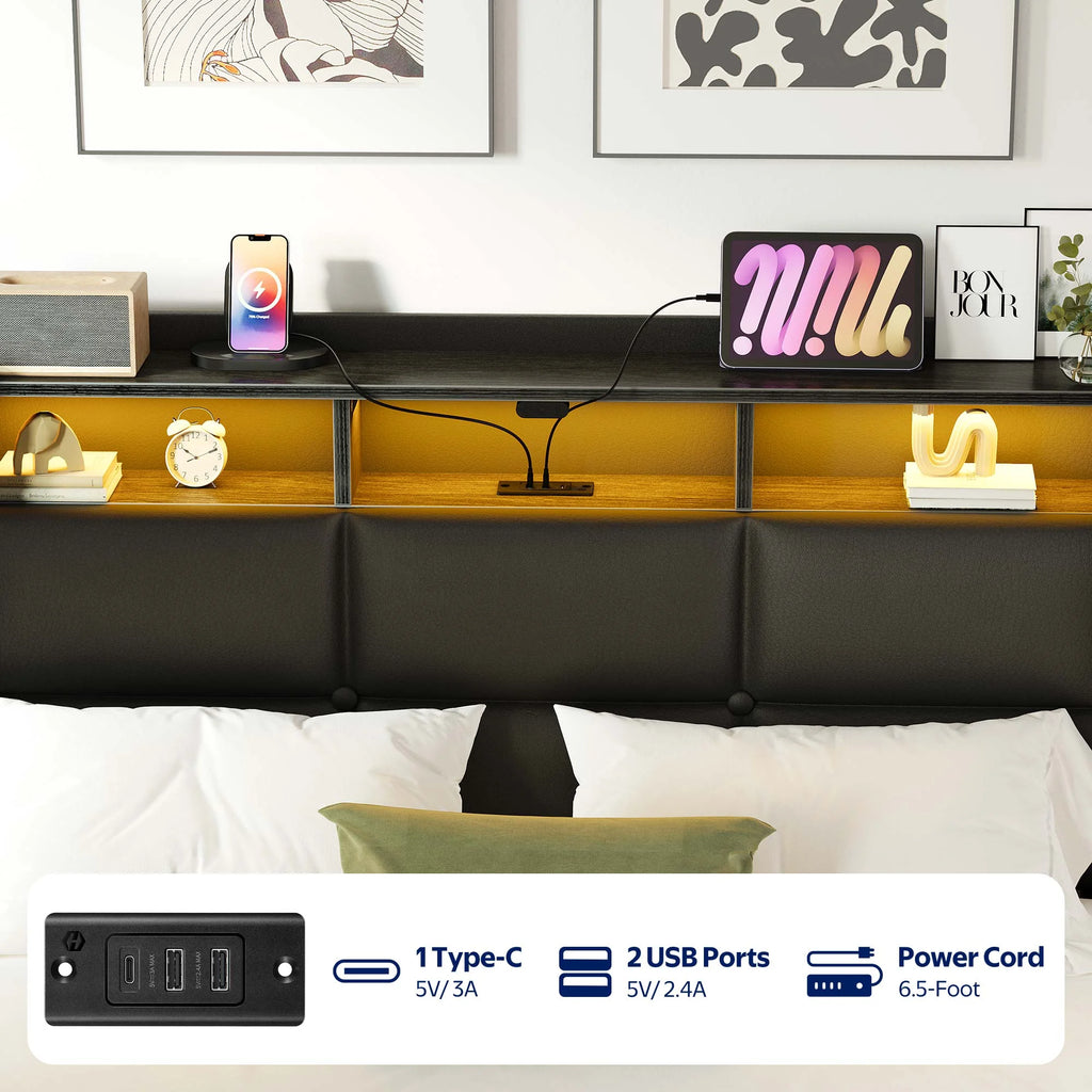Greenstell Twin Size Lift up Hydraulic Platform Storage Bed Frame with Led Light & Charging Station, Fabric Channel Wingback Headboard, Dark Gray