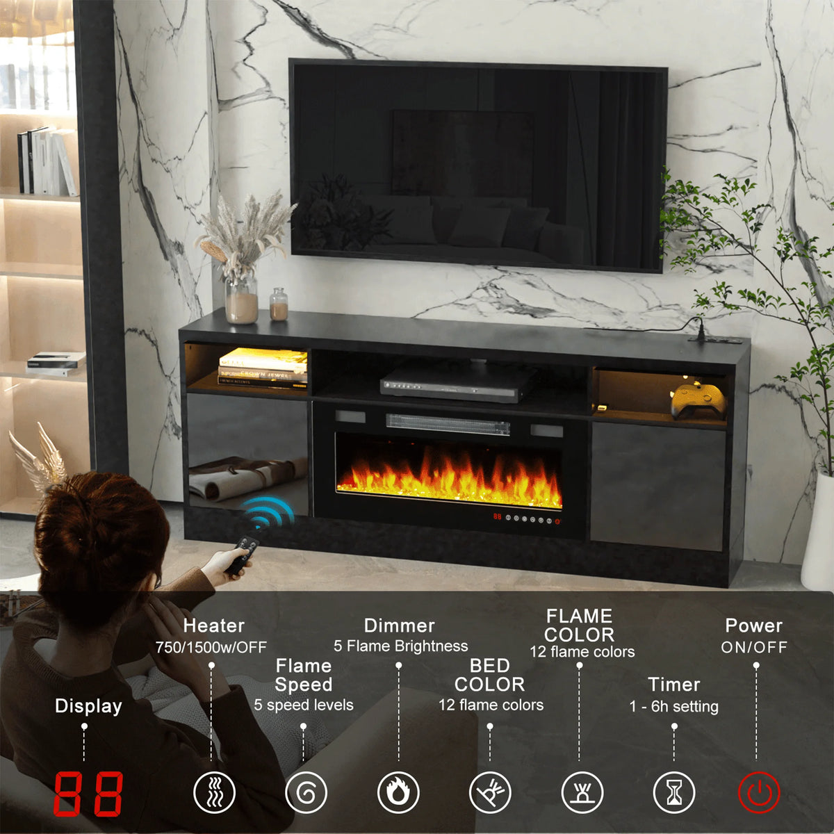 BREEZEHEAT Electric Fireplace TV Stand-70 inch TV Stand with 36" Electric Fireplace-Living Room Tv Cabinet with Storage for TVs Up to 80"-Led Entertainment Center Modern Media Console (Black)