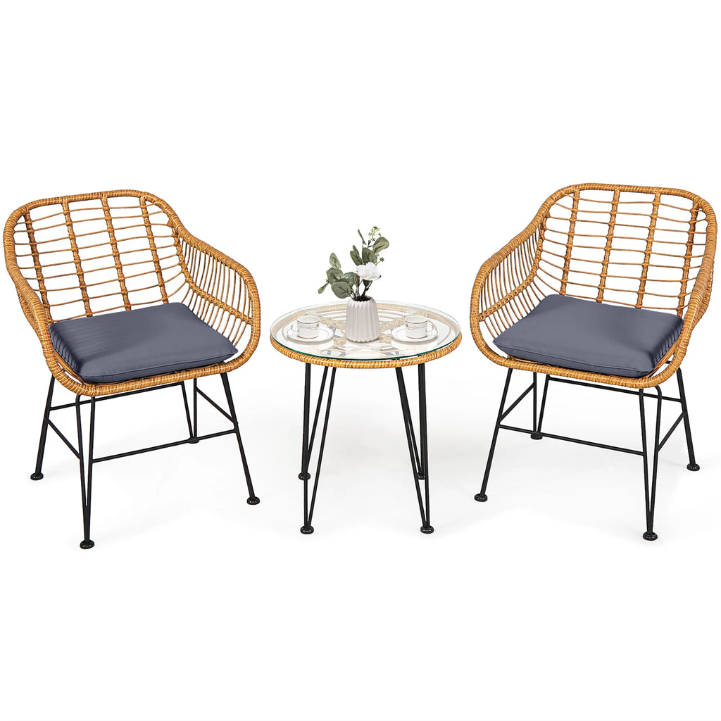 Costway 3PCS Patio Rattan Bistro Furniture Set Cushioned Chair Table Navy