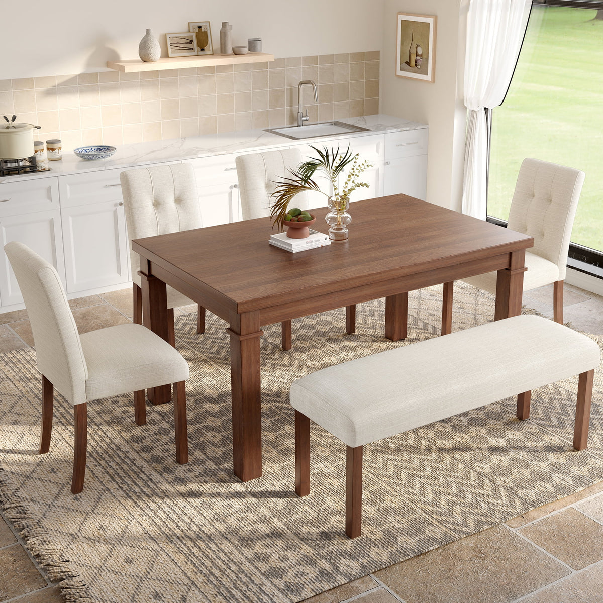 Euroco 6-Piece Wood Dining Table Set for 6, Modern Rectangular Kitchen Table with 4 Upholstered Chairs & Bench for Kitchen Dining Room,Walnut