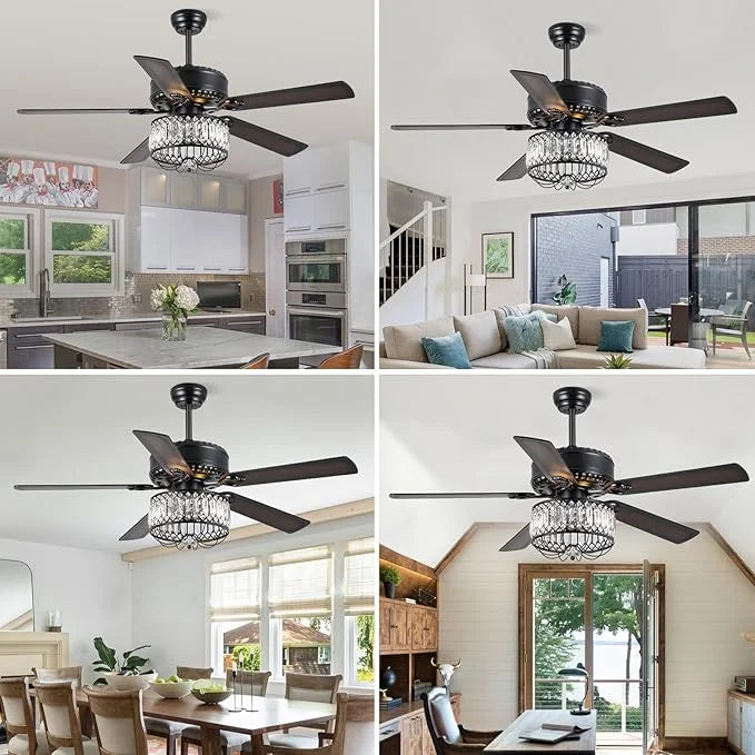 Kviflon 52" Farmhouse Ceiling Fan with Lights & Remote, Crystal Chandelier, Wood Blades, Quiet Motor, 6-Speed, Timer, Modern Lighting for Living Room, Bedroom, Dining Room, Chrome Finish