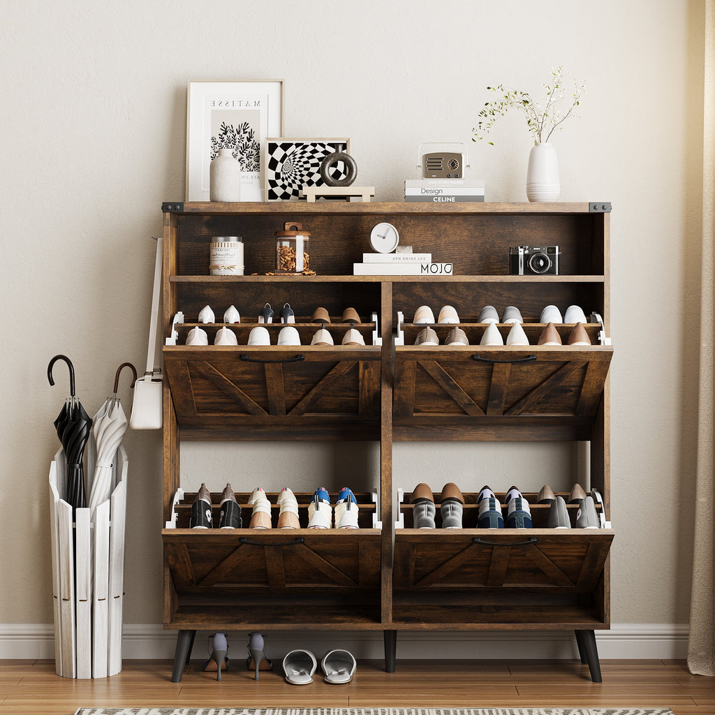 Veanerwood Shoe Cabinet with 2 Flip Drawers Farmhouse Shoe Storage Cabinet Organizer for Entryway, Gray