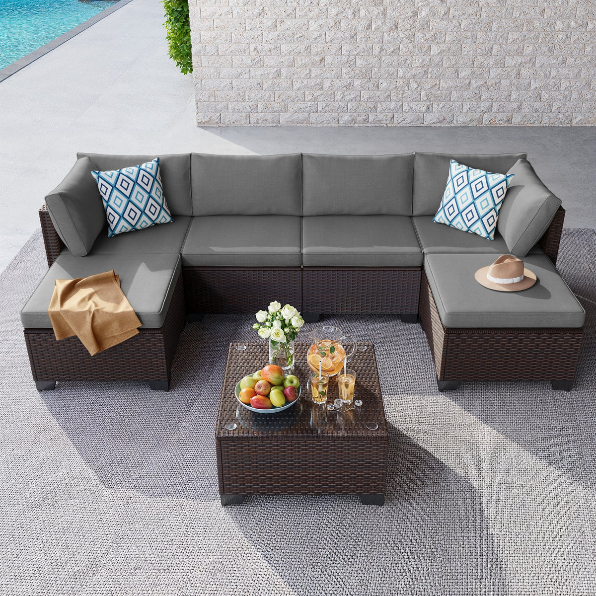 7 Piece Outdoor Patio Furniture Set, Asofer Rattan Wicker Outdoor Conversation Sectional Sofa Set, Gray
