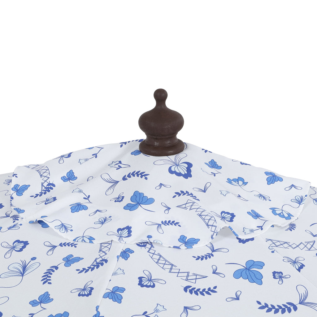 JONATHAN Y Beverly 9 ft. Half Market Patio Umbrella, Designer Classic Scalloped Fringe with Crank, Tilt Button and UV Protection, Blue/White/Cream, Dark Brown Pole