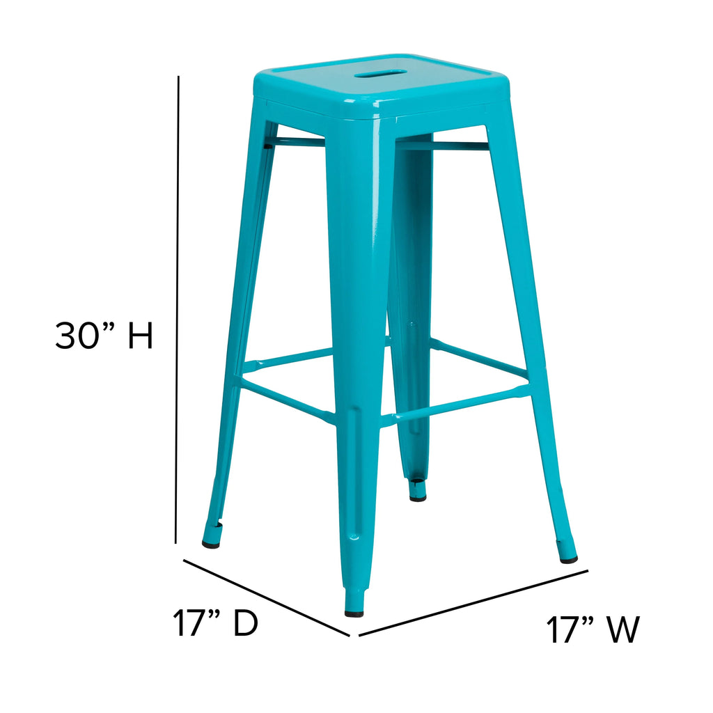 Merrick Lane Crystal Blue 30" High Backless Metal Bar Height Stool with Square Seat for Indoor-Outdoor Use