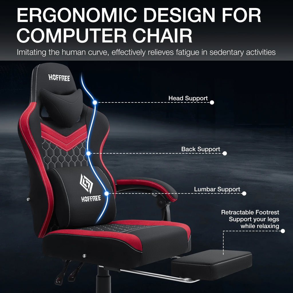 Hoffree Gaming Chair with Massage Fabric Office Chair with footrest for Adults, Ergonomic Gamer Chair with Headrest and Lumbar Support for Office Gaming, 440 LBS