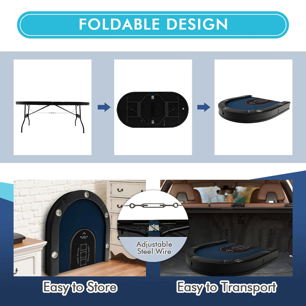 Costway Foldable, USB Ports, Led Lights 10 Player Poker Table, Blue/Black