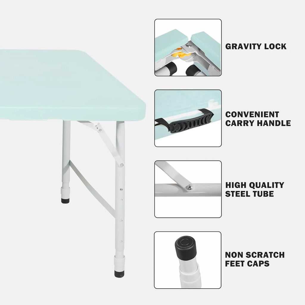 Folding Table with Carry Handle, Portable Fold-in-Half Plastic Table, Rectangle Foldable Table for Indoor