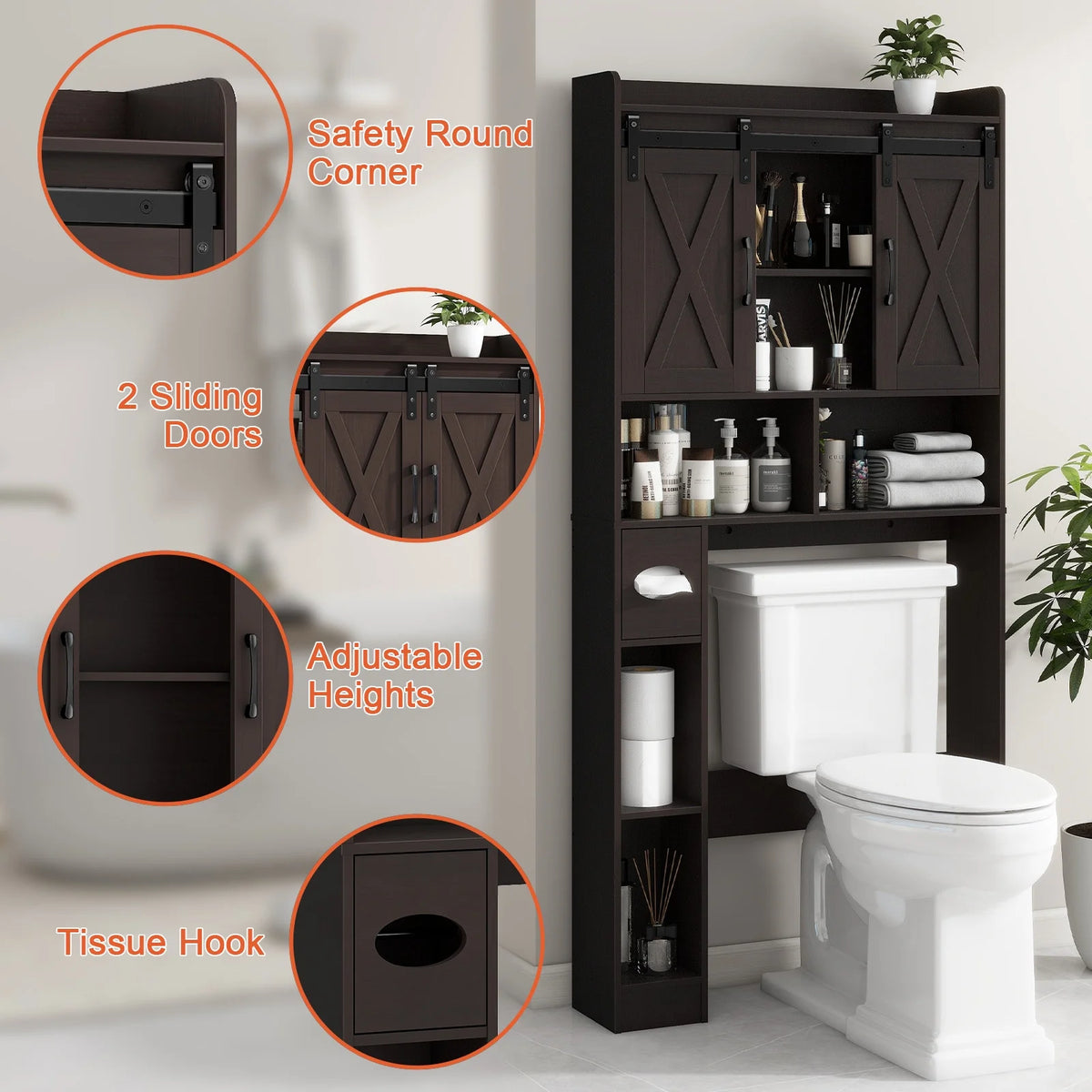 Over The Toilet Storage Cabinet, Farmhouse Storage Cabinet Over Toilet with Sliding Doors Home Space-Saving Toilet Rack, for Bathroom, Restroom, Laundry
