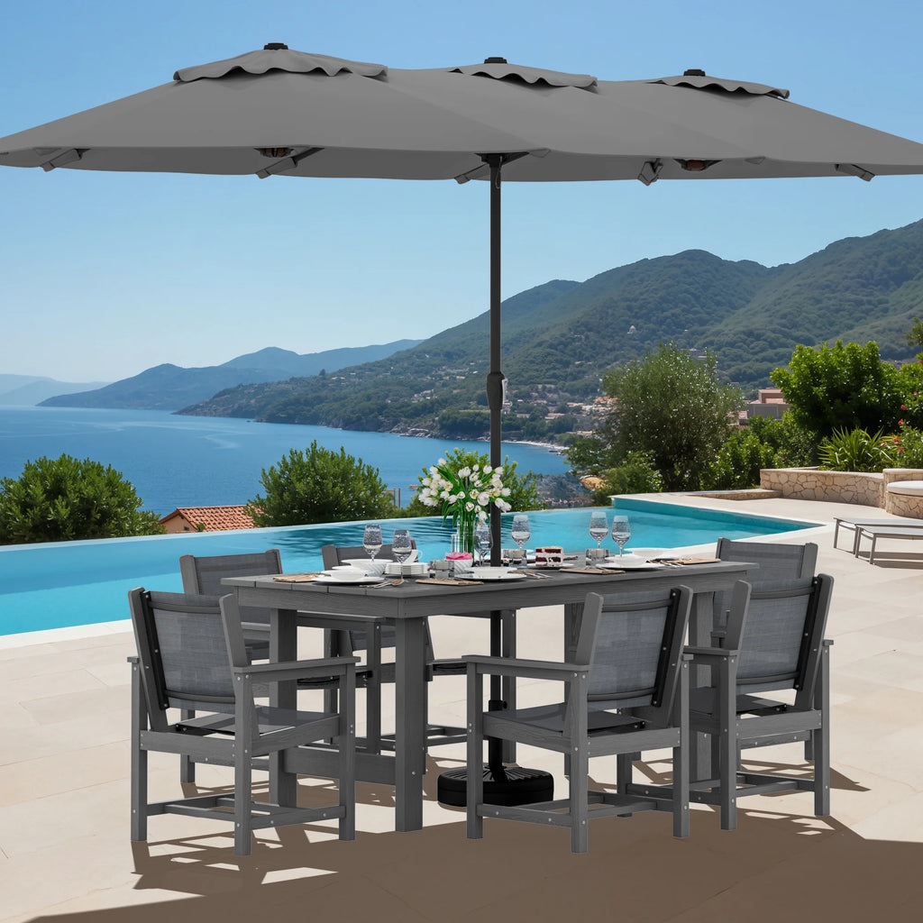 SERWALL Outdoor HDPE Dining Table Set, 7-Piece Outdoor Dining Table Sets with Umbrella Hole, Grey