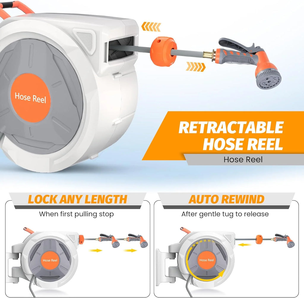 Auto-Retract Wall-Mounted Garden Hose Reel w/9-Pattern Nozzle, 180 Swivel & Any-Length Lock, 600PSI Durable