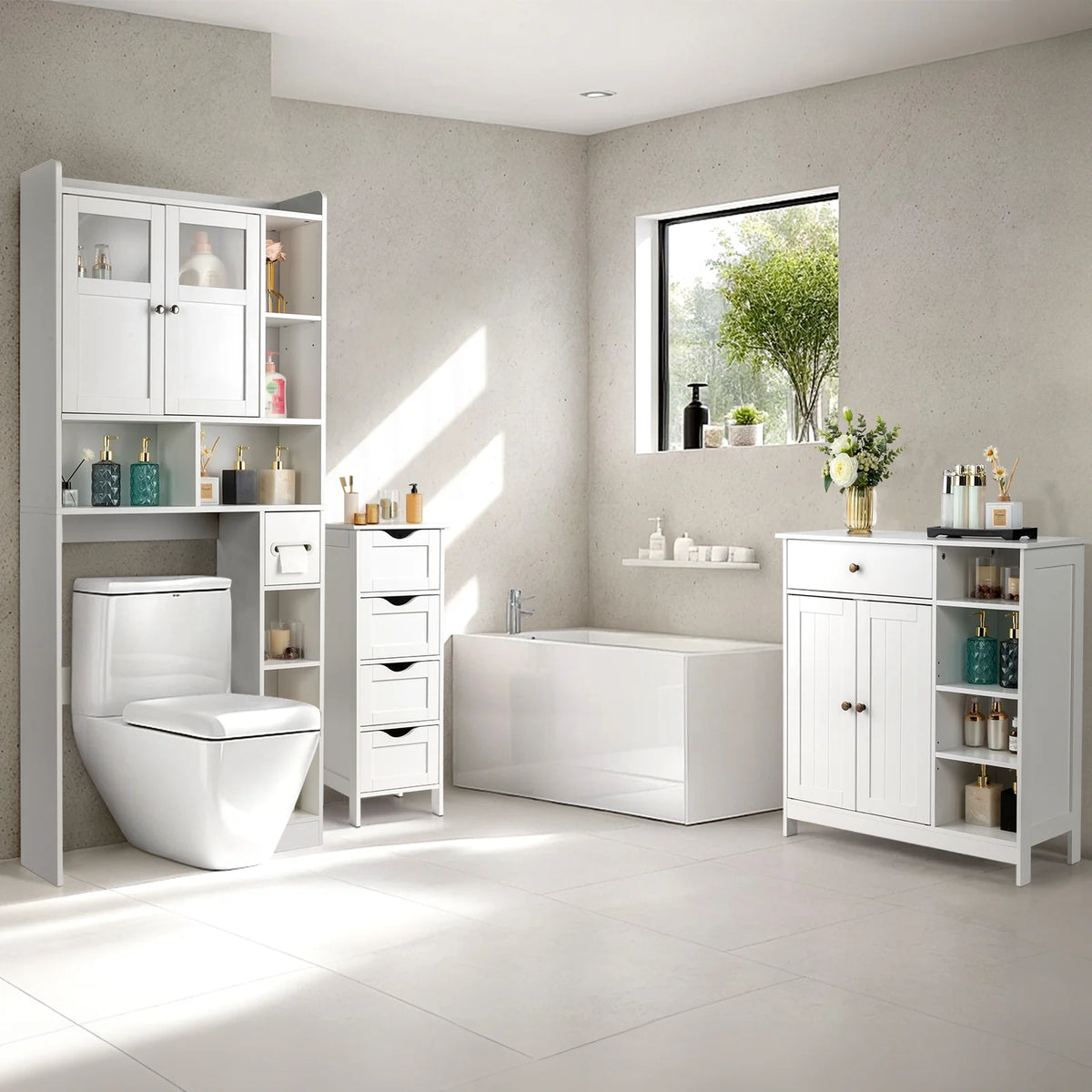 Ktaxon Over the Toilet Bathroom Storage Cabinet with 2 Doors & 3 Storage Shelves Space Saver, White