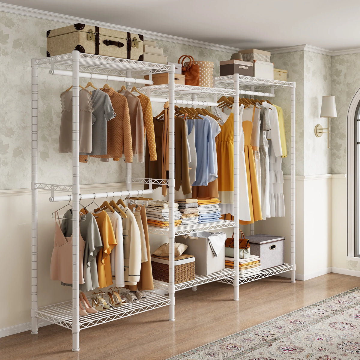 EnHomee 830 LBS Clothes Rack Heavy Duty Garment Rack with 4 Rods & 7 Shelves, Adjustable Metal Closet Organizer 77"H x 69"W x 16"D Black