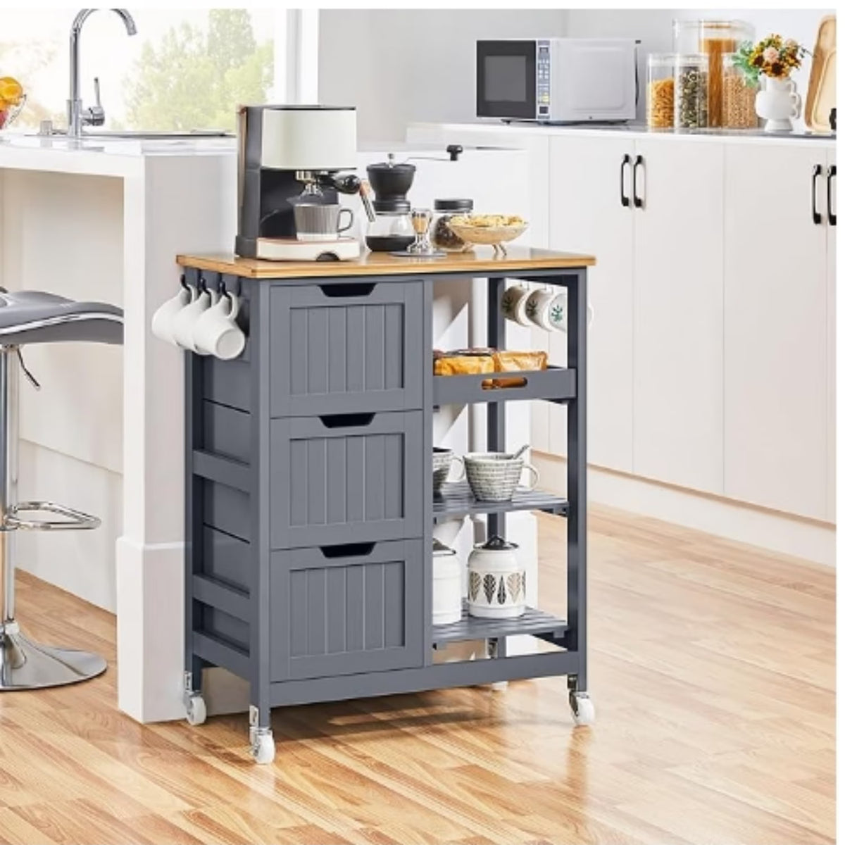 Kitchen Island Cart on Wheels with Storage, Rolling Bar Cart with Solid Wood Top and 3 Drawers, 3 Removable Shelves, Serving Utility Carts for Dining Room/Small Kitchen, Dark Gray