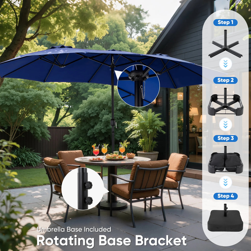 edx 15ft Patio Umbrellas (Base Included), Large Outdoor Double-Sided Rectangle Market Umbrella with Stand for Poolside, Lawn, and Backyard, Navy Blue