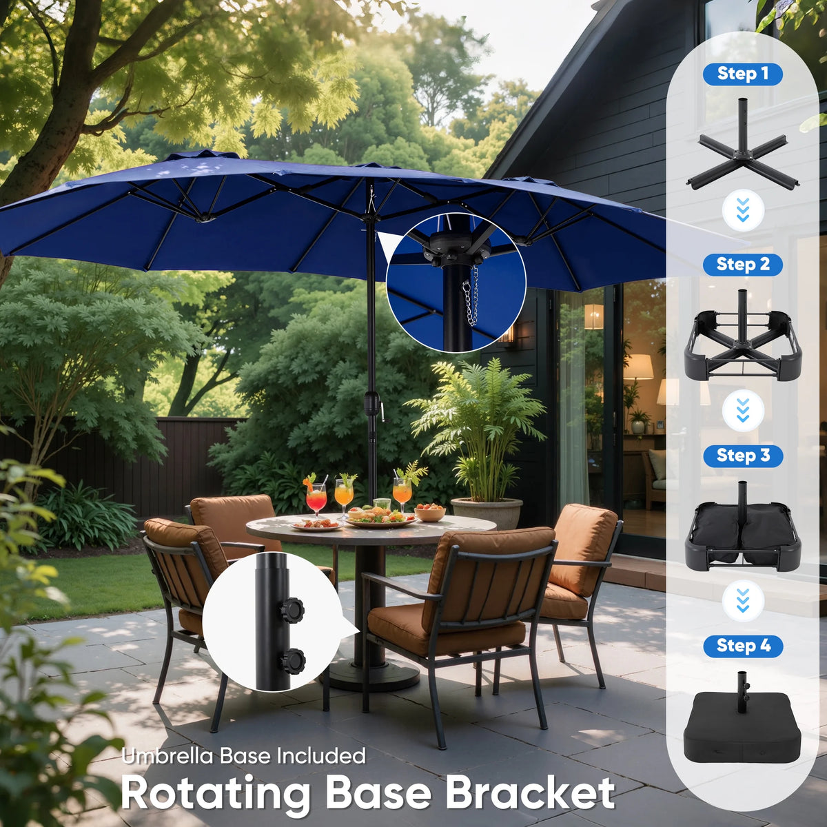 edx 15ft Patio Umbrellas (Base Included), Large Outdoor Double-Sided Rectangle Market Umbrella with Stand for Poolside, Lawn, and Backyard, Navy Blue