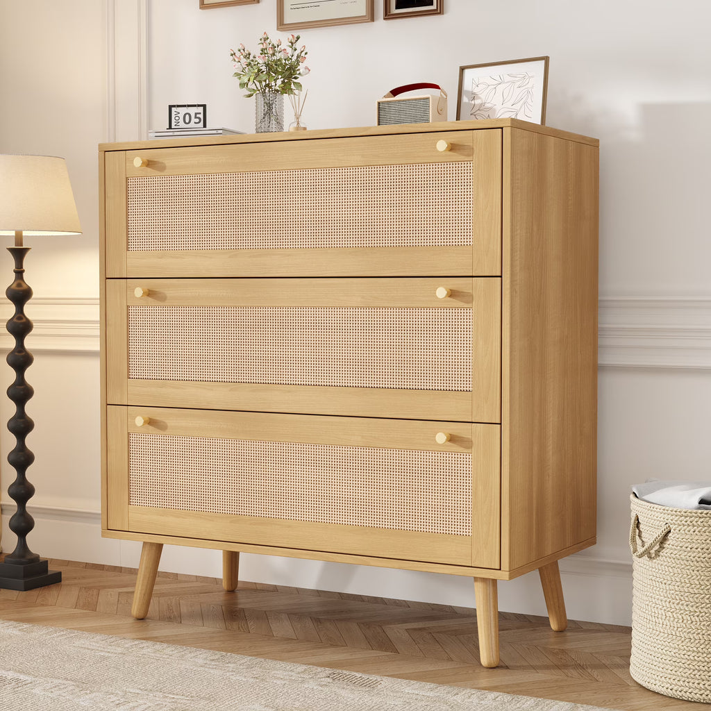 Farmhouse Rattan Dresser with 3 Drawers - Wooden Storage Chest for Bedroom, Living Room & Hallway, Vintage Style Organizer