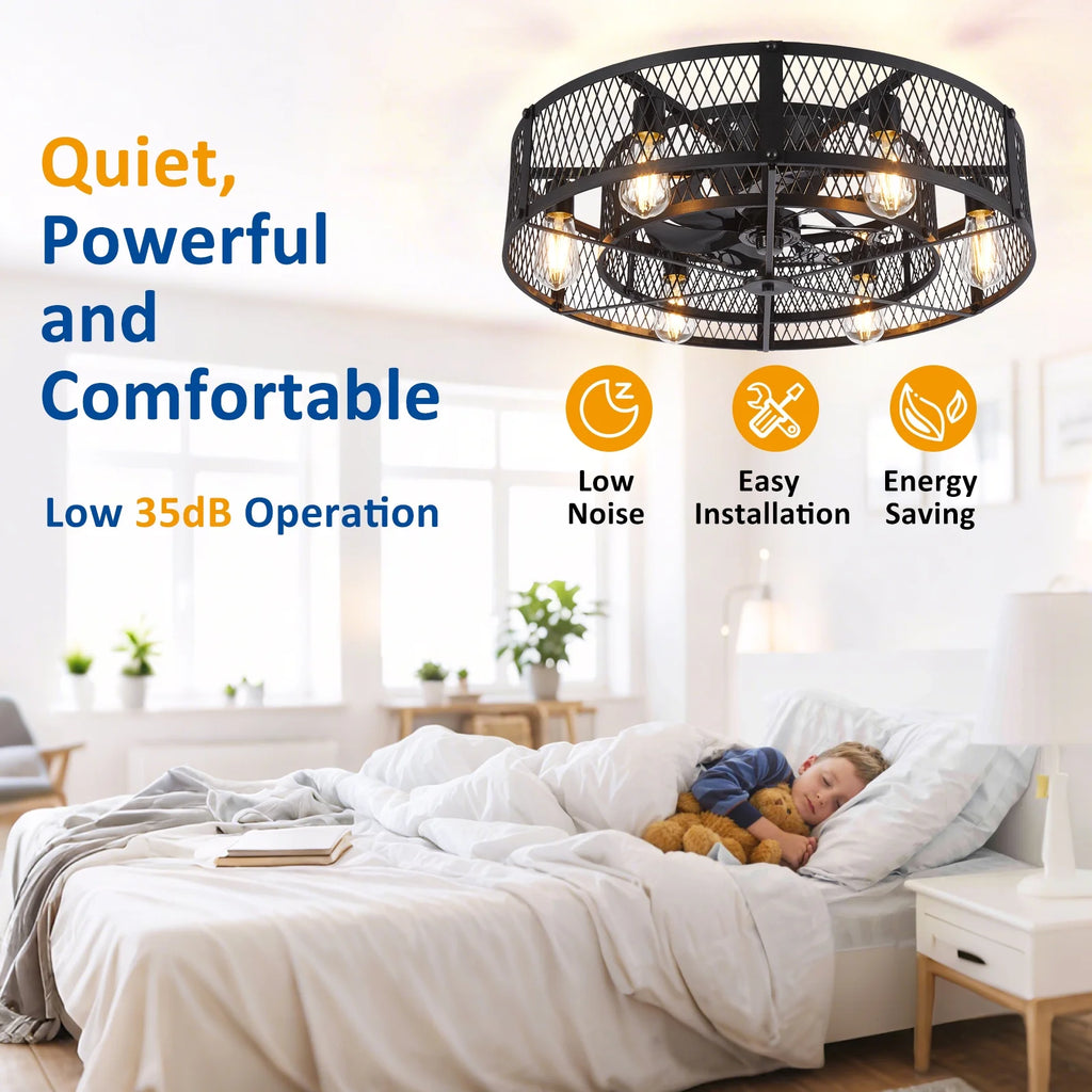 26-Inch Farmhouse Caged Ceiling Fan with Light, Remote & APP Control Quiet DC Motor E26 Bulbs Included Black