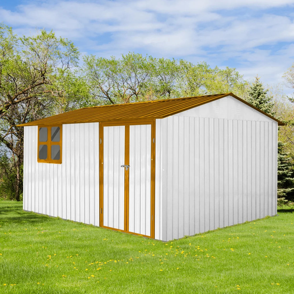 10x12 FT Outdoor Storage Shed, Metal Garden Tool Shed with Vents, Window and Bulit-in Hooks, Waterproof  Organization for Home/Backyard/Garden Tools/Lawn Storage, Yellow+White