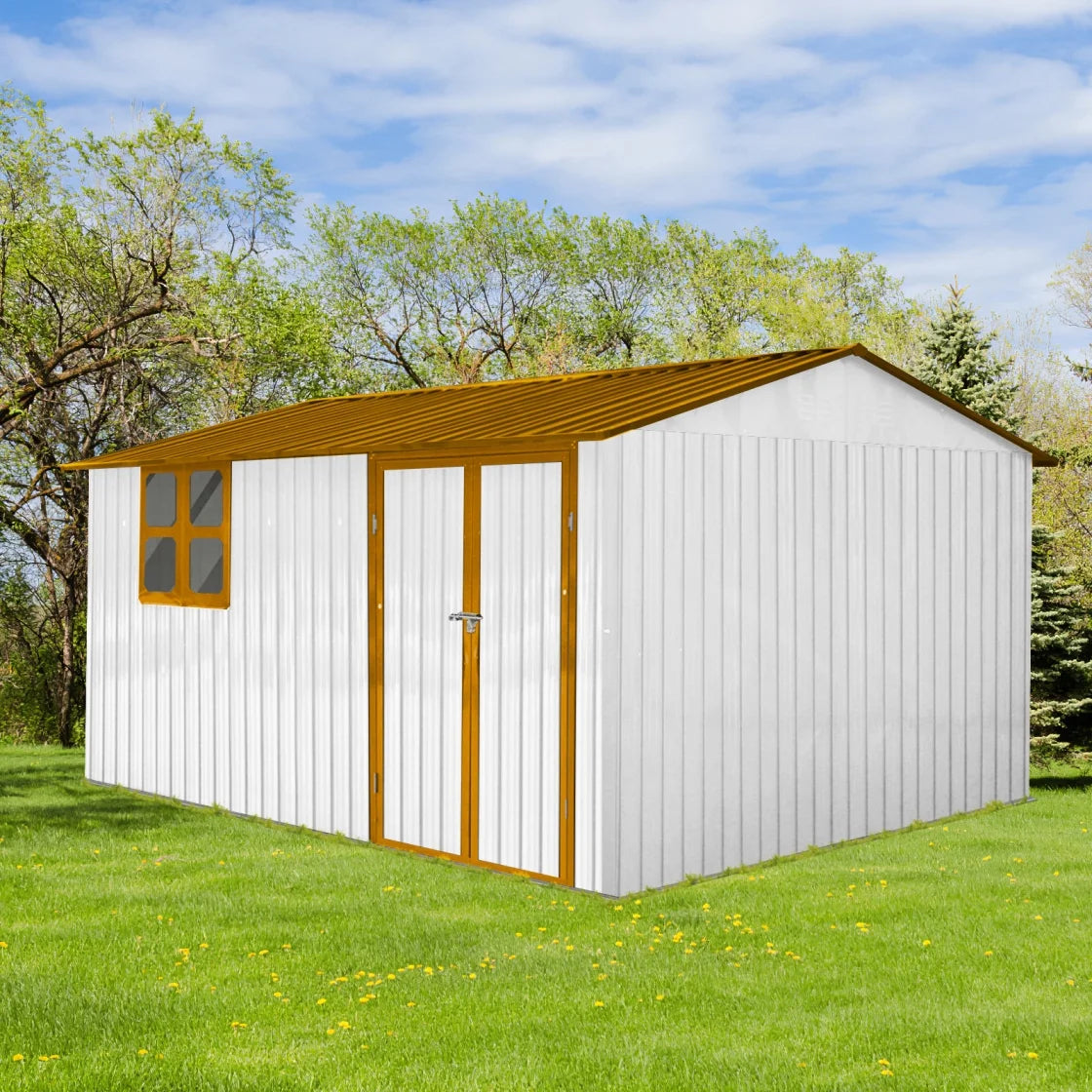 10x12 FT Outdoor Storage Shed, Metal Garden Tool Shed with Vents, Window and Bulit-in Hooks, Waterproof  Organization for Home/Backyard/Garden Tools/Lawn Storage, Yellow+White