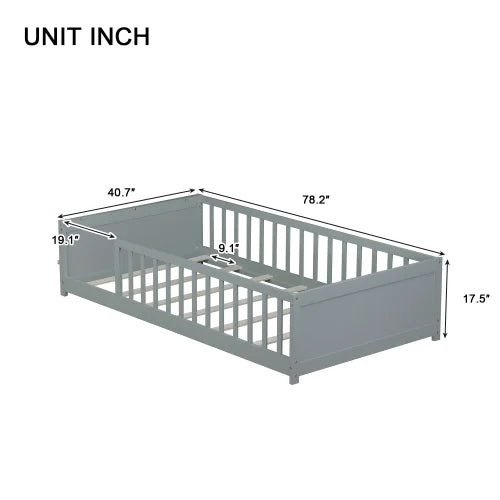 Bellemave Twin Size Floor Bed with Fence, Montessori Floor Twin Bed with Built-in Book Rack, Solid Wood Twin Bed with Slats and Safety Guardrails, Natural