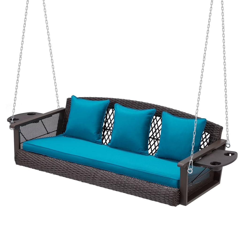 Homrest 3-Person Porch Swing 55in Wicker Hanging Swing Bench with Cushions and Cupholders for Deck, Garden and Backyard, Beige