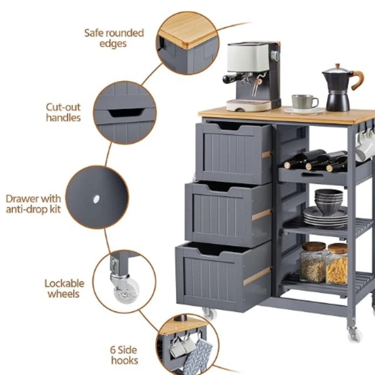 Kitchen Island Cart on Wheels with Storage, Rolling Bar Cart with Solid Wood Top and 3 Drawers, 3 Removable Shelves, Serving Utility Carts for Dining Room/Small Kitchen, Dark Gray