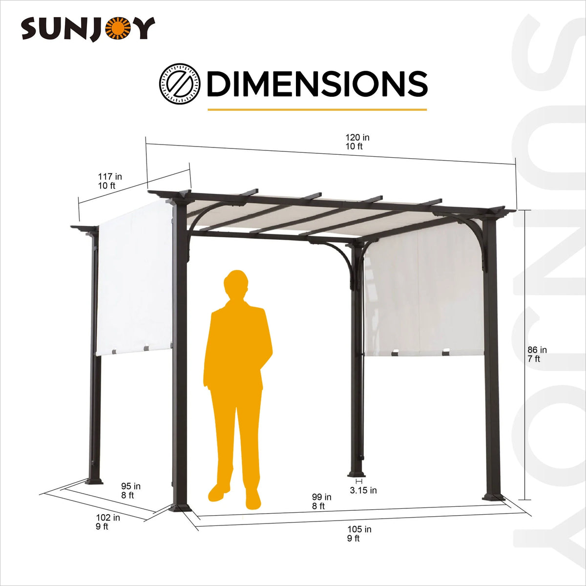 Sunjoy Diego 10x10 ft. Outdoor Patio Brown Steel Classic Frame Pergola with Retractable White Canopy Shade for Backyard, Garden Activities