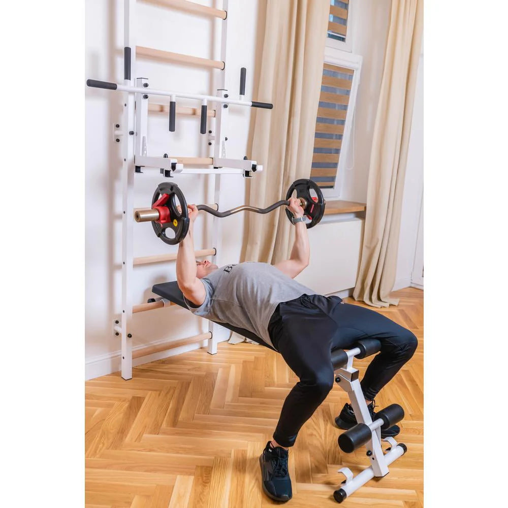 BenchK 733 White Wall bars with convertible steel 6-grip pull-up bar that can also be used as a barbell holder, dip bar with back support and advanced workout bench
