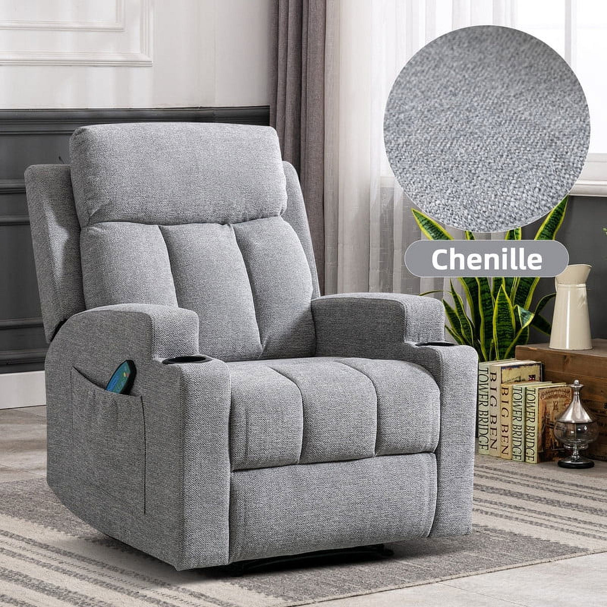 Bonzy Home Heated Manual Massage Recliner with Cup Holder Padded Breathable Fabric Recliner, Home Theater Seating Navy
